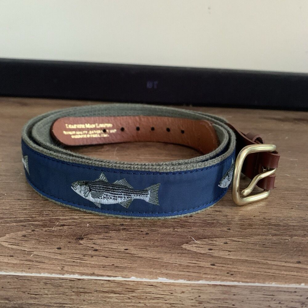 Leather Man Ltd Mens Surcingle Belt 44 Blue Fish Print Canvas Leather Brass USA